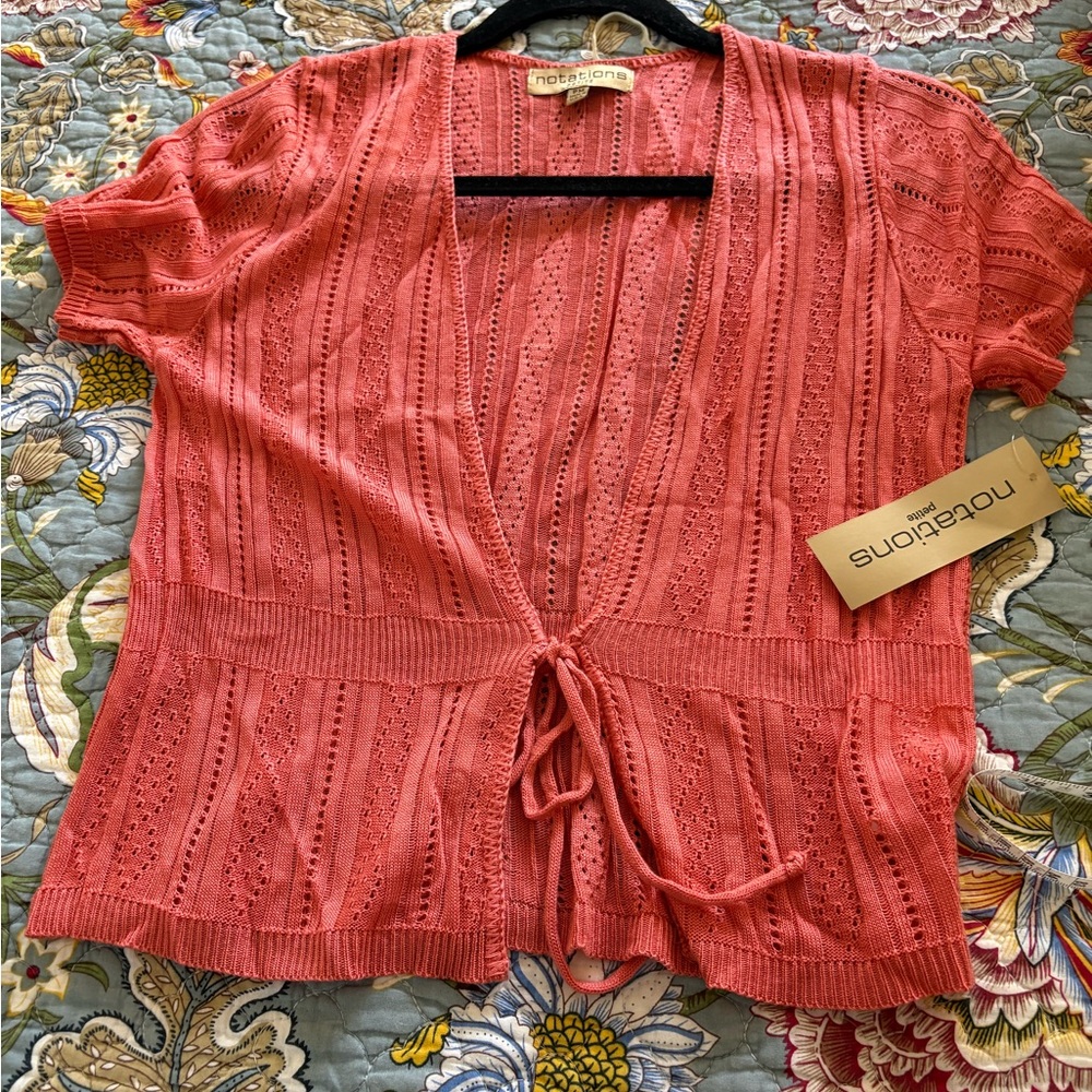 NEW Notations Petite Coral Knit Tie Front Openwork Short Sleeve Blouse PM - Picture 2 of 8